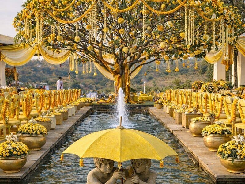 Haldi ceremony decor with marigolds at Manas Resort Igatpuri