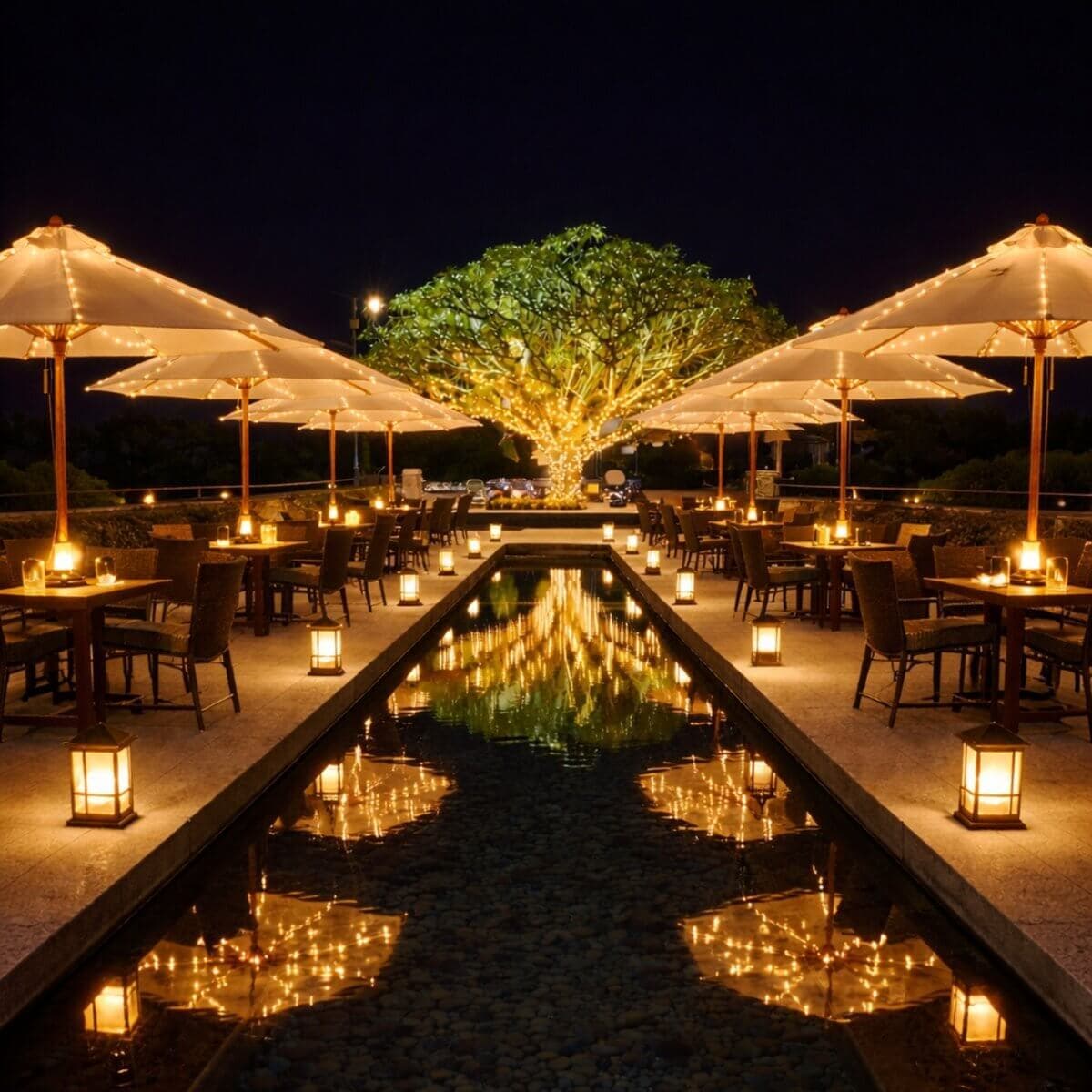 Night dining terrace with lanterns and pool view at Manas Resort wedding