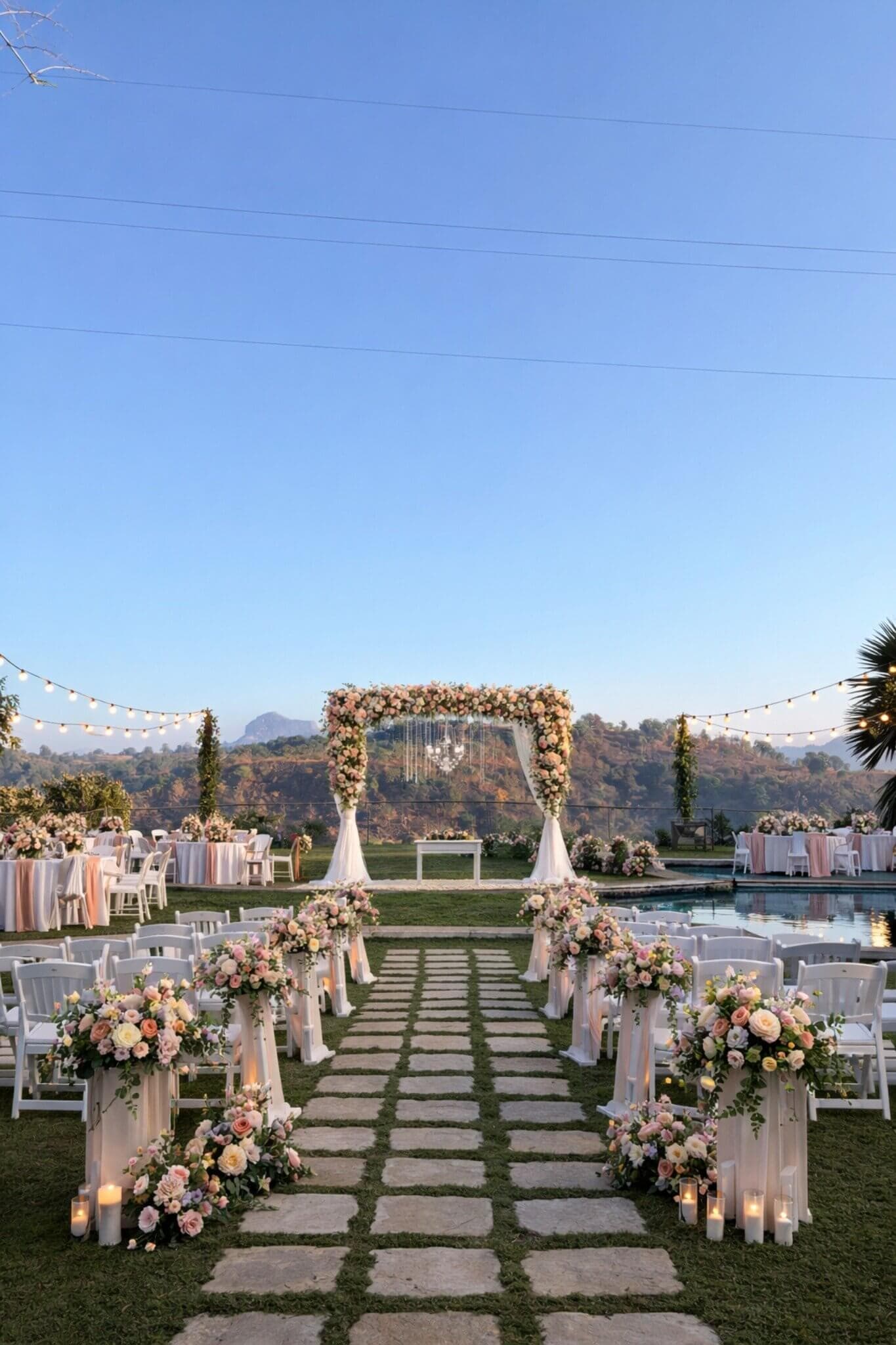 Outdoor wedding ceremony aisle with floral arch at Manas Resort